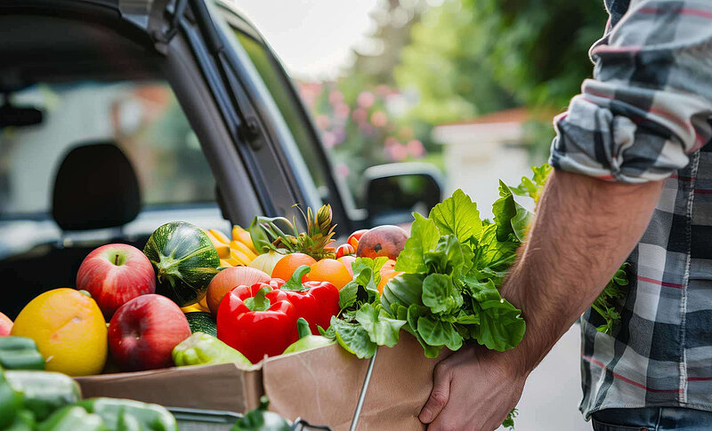 Person trägt eine Kiste mit frischem Obst und Gemüse zu einem Fahrzeug