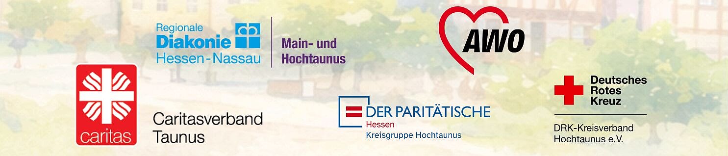 Logos der Liga der Freien Wohlfahrtspflege Hochtaunus: Caritasverbands Taunus e.V., der Arbeiterwohlfahrt (AWO), dem Deutschen Roten Kreuz - Kreisverband Hochtaunus e.V., der Paritätische Hessen - Kreisgruppe Hochtaunus, der Regionalen Diakonie Main- und Hochtaunus